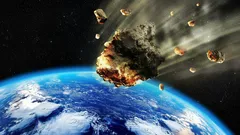 Asteroide em chamas entrando na atmosfera da Terra visto do espaço.